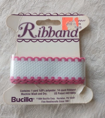 Cross Stitch Bucilla 1 Yard Ribband 14 Count White w/ Pink Scallops 7/8" Wide - Image 1 of 2