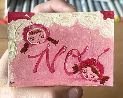 ACEO original acrylic painting Cute pink cake girls "NO" mini art by Baylasol - Image 1 of 2