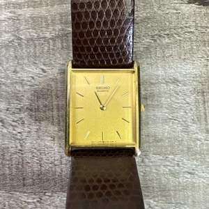 Vintage Seiko Tank Watch Men 25mm Gold Tone 5Y30-5069 Leather Needs Battery - Picture 1 of 9