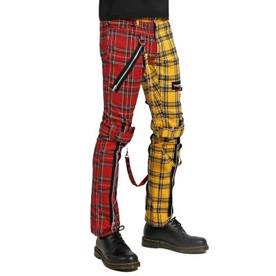 Men Bondage Straps Punk Split Leg Plaid Jeans Pant Alternative  Rebel Rock EMO - Image 1 of 4