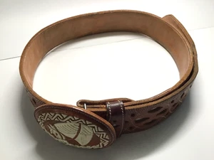 MEXICAN FOLK ART HAND STITCHED COWBOY LEATHER BELT - 42" LENGTH - Picture 1 of 5