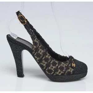 Authentic CHANEL Black CC Logo Cap Toe Block Heel Slingback Sandals Size EU39.5 - Picture 1 of 13