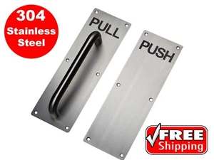 DOOR HANDLE and PUSH PLATE COMMERCIAL PUSH PULL STAINLESS STEEL SET BATHROOM - Picture 1 of 7