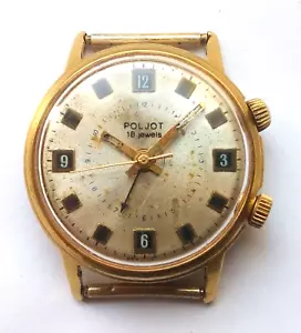 POLJOT ALARM Reloj Soviético Vintage AU20 Chapado en Oro, 18 Joyas Hecho en URSS Años 70 - Imagen 1 de 6