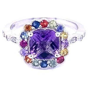 Roshe Jewels 1.92 Ct Amethyst, Diamond, Sapphire White Gold Ring 14k 0.12 7 - Picture 1 of 6