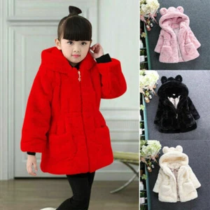 Kid's Baby Girl Winter Warm Faux Fur Coat Puffer Fur Hooded Parka Jacket Outwear - Picture 1 of 12