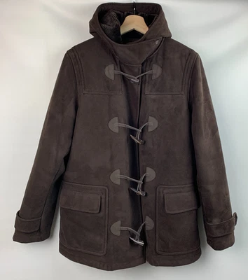 Chaps Jacket Hood Brown Faux Suede Toggle Buttons Pockets Faux Fur Lined Size M - Image 1 of 4