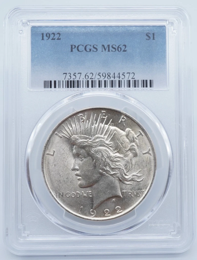 未使用pcgs社MS62アメリカ銀貨、1922年 Silver MS 62 Graded 1922 Year Peace Dollars (1921-1935) for sale