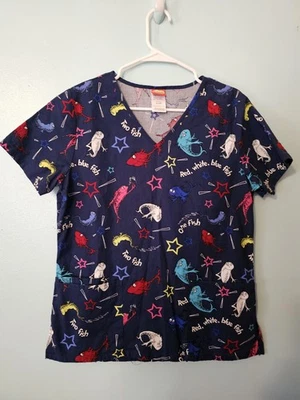 Dr Seuss Brand One Fish Two Fish Print On Blue Scrub Top  - sz S - Image 1 of 4