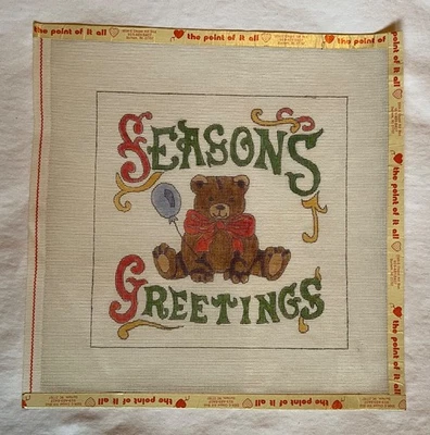 Season’s Greetings hand painted Christmas Bear Needlepoint Canvas, VTG, new - Image 1 of 3