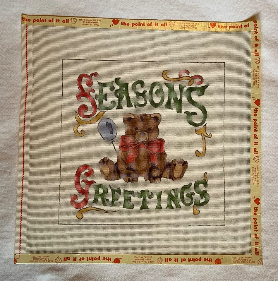 Season’s Greetings hand painted Christmas Bear Needlepoint Canvas, VTG, new - Image 1 of 3