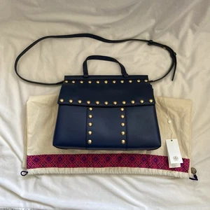 Tory Burch Women Bag Royal Navy Block T Studded Satchel Leather Designer NEW - Picture 1 of 24