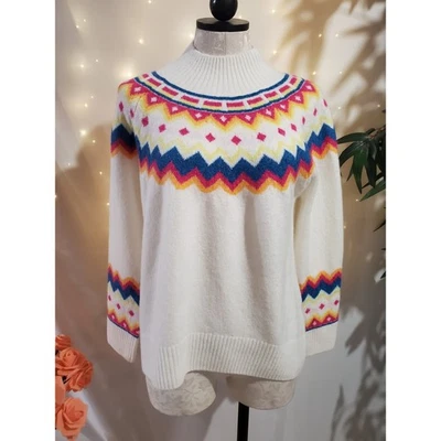 Acogedor suéter de cuello redondo Vince Camuto Fair Isle para mujer talla S blanco tejido esquí casa de campo Foto 1 de 4
