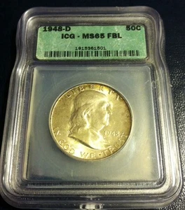 1948 D Franklin Half ICG MS 65 FBL Full Bell Lines! Rainbow Rim Toning! - Picture 1 of 5