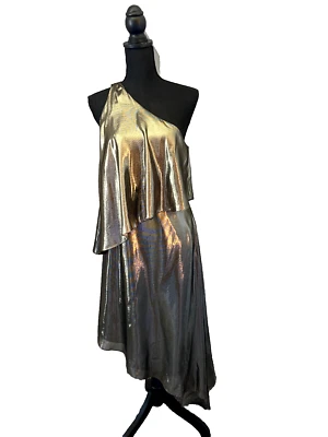 Vestido de Cóctel Halston Heritage Un Hombro Metálico Dorado Talla 6 Asimétrico Foto 1 de 4