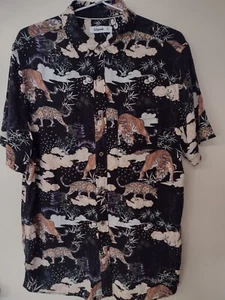 Men's Large Tiger Jaguar Big Cat Print Viscose Button Up Casual Dress Shirt - Picture 1 of 5