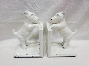 Vintage Pair Iron Westie Highland Scottie Terrier Dog Bookends White Distressed - Picture 1 of 6