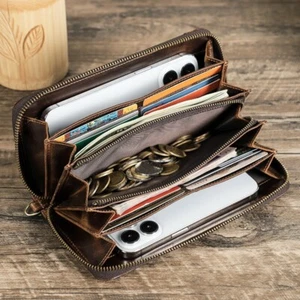 US Stock Men RFID Oil Leather Clutch Bag Wallet Coins 2 Cellphone 12 Card Holder - Picture 1 of 11