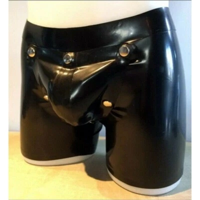 Black Men Latex Shorts with Codpiece Crotch Hole Back Zipper Rubber Short Pants - Image 1 of 3