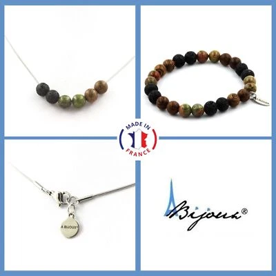 Set Bracelet Necklace Beads Unakite + Lava + Wood 8 Mm. Chain IN Size for Foto 1 de 4