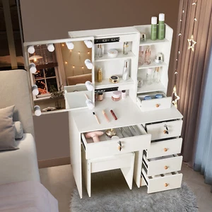 Vanity Dressing Table 6 Drawers and Stool Set Makeup Desk with LED Lights Mirror - Picture 1 of 9