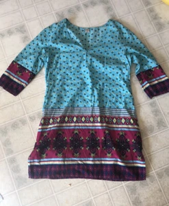 Old Navy Small Turquoise Pink Print Split Neck 3/4 Slv Cotton Swim Suit Cover Up - Picture 1 of 4