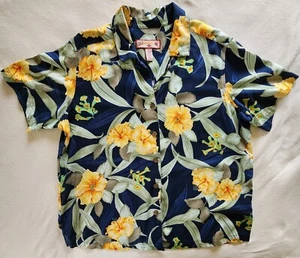 Caribbean Joe 1X-Hawaiian Shirt-Blue w/ Yellow Flowers Green Leaves- Rayon - Picture 1 of 15