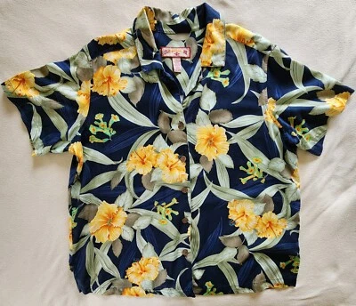 Caribbean Joe 1X-Hawaiian Shirt-Blue w/ Yellow Flowers Green Leaves- Rayon - Image 1 of 4