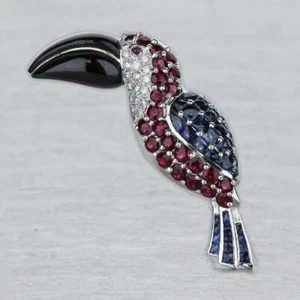 Unique & Trendy Toucan Brooch In 925 Silver With Sapphire Ruby Onyx & CZ 3.95tcw - Picture 1 of 5