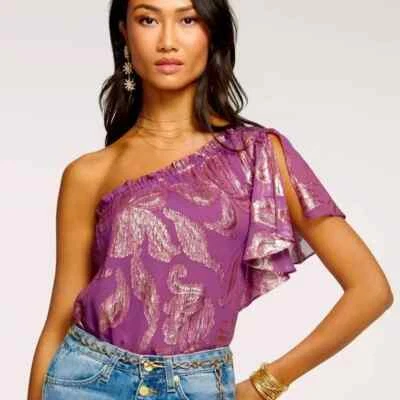Ramy Brook womens Floral Jacquard Silk One Shoulder Blouse Top size Medium $295 - image 1 of 4