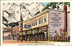 Cartolina Vecchia Strega Totem Negozio di Pepite Juneau Alaska Lino Non Spedita - Foto 1 di 2