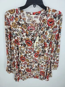 En Creme Top Damen Medium Bunt Blumen Quaste Krawatte Langarm Boho Bluse - Bild 1 von 10