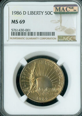 1986 D STATUE OF LIBERTY HALF DOLLAR MS69 MAC SPOTLESS . - Image 1 of 2