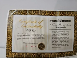 12.31.74 Commemorative Gold Plated Penny W/ Vintage Certificate  - Picture 1 of 3