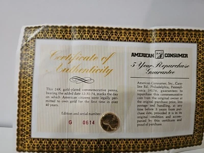 12.31.74 Commemorative Gold Plated Penny W/ Vintage Certificate  - Image 1 of 3