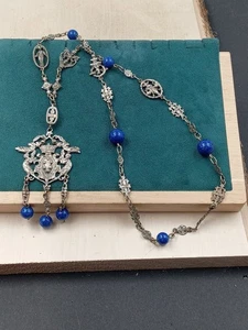 23" CINI Style Silver Gothic Look Necklace in 800 Silver w. Fleur de Lis, Eagles - Picture 1 of 24