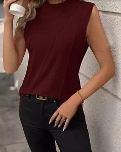Women's Elegant Crew Neck Tank Top Sleeveless Burgundy High Elasticity Knit M - Picture 1 of 5