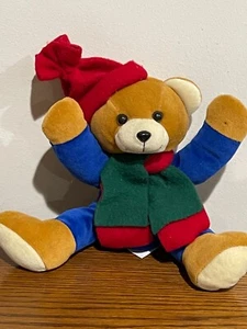 Vintage Main Joy Teddy Bear Plush Stuffed Animal Color Block Winter Clothes hole - Picture 1 of 5