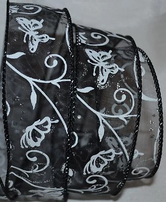 Cinta con cable ~ negra transparente ~ mariposa blanca ~ rosa ~ plata brillante ~ 1,5" ~ corona ~ arco Foto 1 de 2