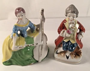 Vintage 3” Porcelain Figurines Woman Playing Cello And Man With Flowers Japan - Picture 1 of 12