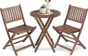 3 Piece Foldable Patio Conversation Set Outdoor Furniture Table Acacia Wood - Picture 1 of 13