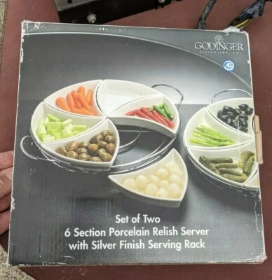 Godinger Ceramic Relish Servers;  2 Racks of 6 Dishes each, Metal Chrome Plated  - Image 1 of 3