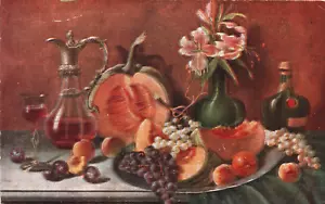Bodegón Vino, Calabaza, Uvas, Melocotones, Fruta de Lirio Postal De Colección C255 - Imagen 1 de 2