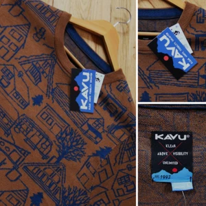KAVU Wool Sweater Men's L Mahogany Highline 'It Takes a Village' Print Pullover - Picture 1 of 7