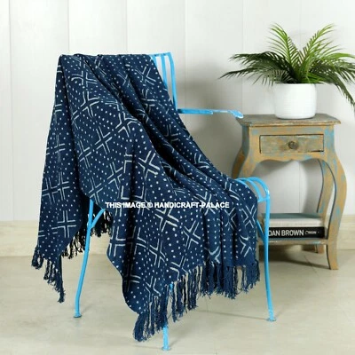 Indian Mud Cloth Blanket Hand Block Printed Cotton Sofa Bedding Table Throw Blue - Image 1 of 4