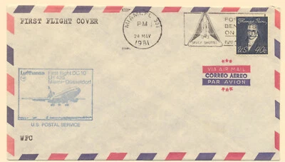 USA Sc. 1292 Lufthansa DC10 1st Flight Miami Dusseldorf 1981 Slogan Cancel Label - Image 1 of 2