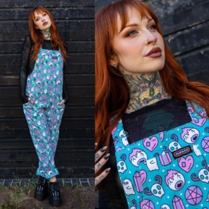 RUN AND FLY Pretty Spooky Print Twill Cotton 4XS-4XL Alt Pastel Goth Overalls - Picture 1 of 9