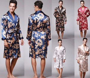 Mens Pajamas Satin Silk Bathrobe Robe Dressing Gown Sleepwear Lounge wear NEW - Picture 1 of 16