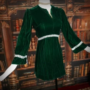 Emerald Green Velvet Vintage 1960s Mini Dress Flared Silver Trim Renaissance - Picture 1 of 8