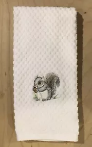 Embroidered Gray Squirrel Baby White Terry Kitchen Waffle Weave Hand Dish Towel - Picture 1 of 4